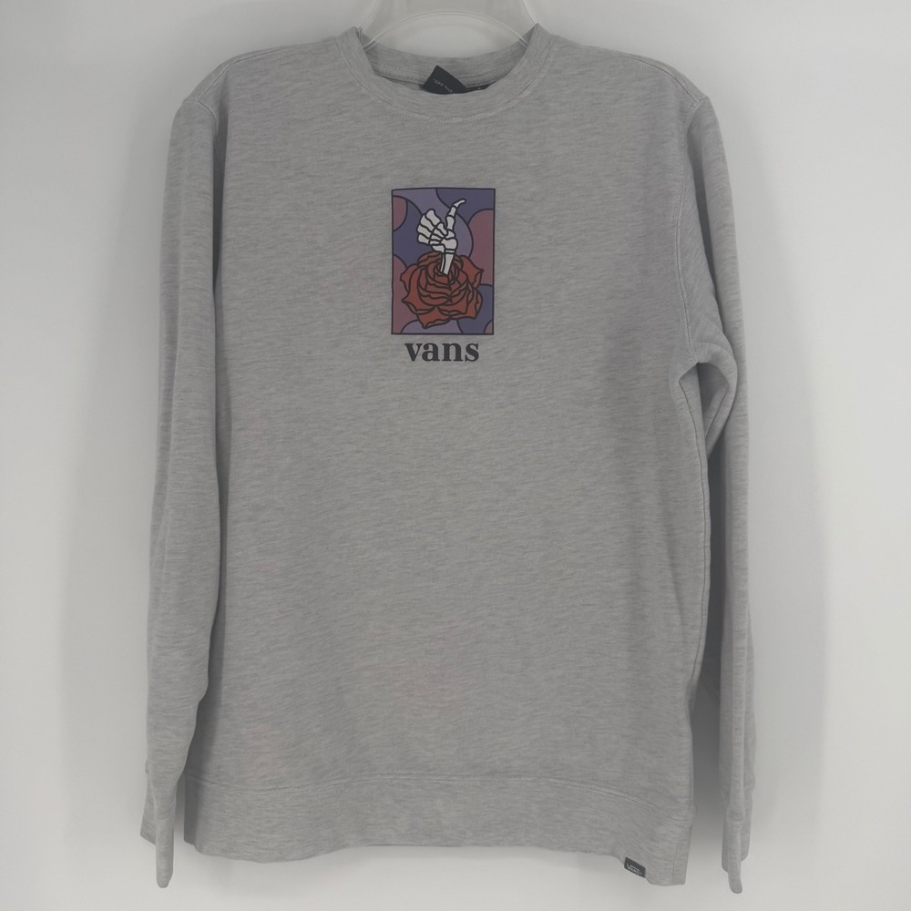 Vans Mens Heather Gray Skeleton Rose Graphic Crewneck Sweatshirt Small